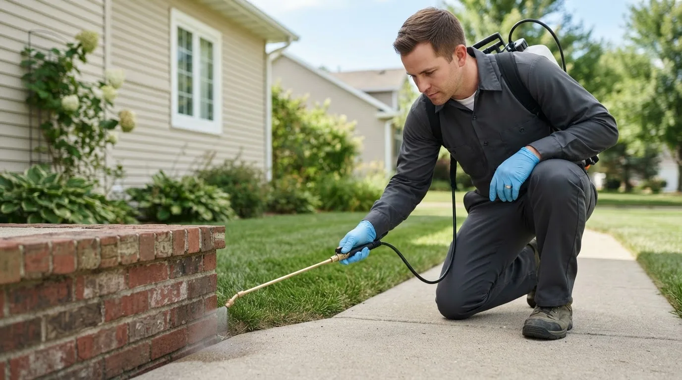 Pest control technician treating a home near Larned, KS